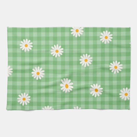 Groene Daisy Plaid Gingham Controleer bloemenpatro Theedoek (Horizontaal)