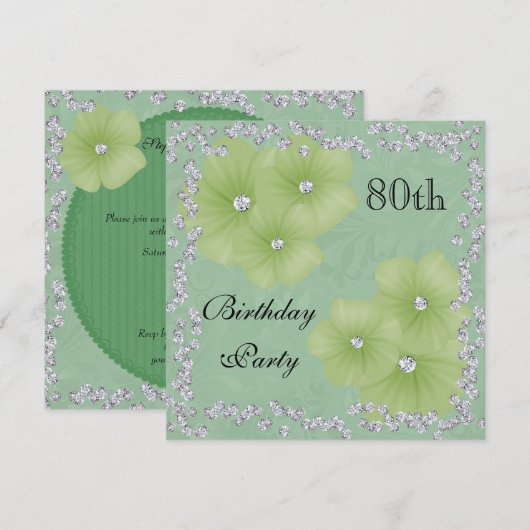 Groene Damask & Bloemen 80ste verjaardag Kaart (Voorkant / Achterkant)