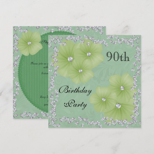 Groene Damask & Bloemen 90ste verjaardag Kaart (Voorkant / Achterkant)