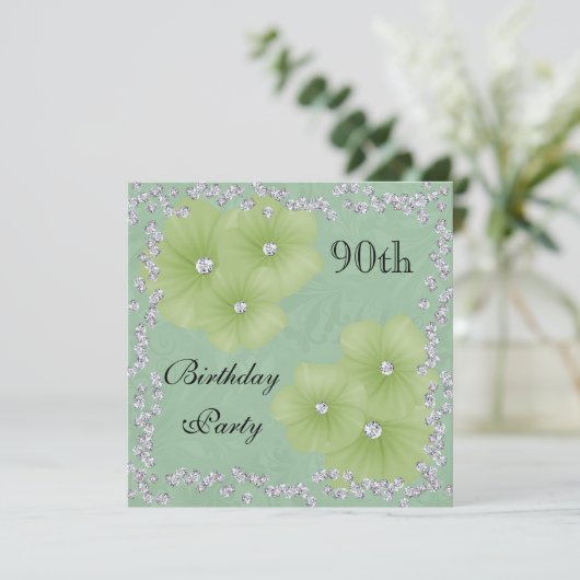 Groene Damask & Bloemen 90ste verjaardag Kaart (Staand voorkant)