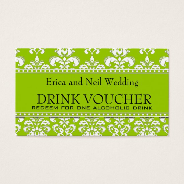 Groene Damask Bruiloft Drink Voucher voor Receptie Visitekaartjes (Voorkant)