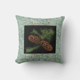 Groene Damask en Waterverf Pine Cones Kussen
