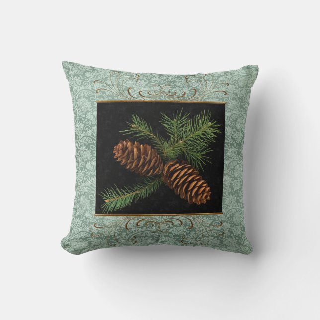 Groene Damask en Waterverf Pine Cones Kussen (Voorkant)