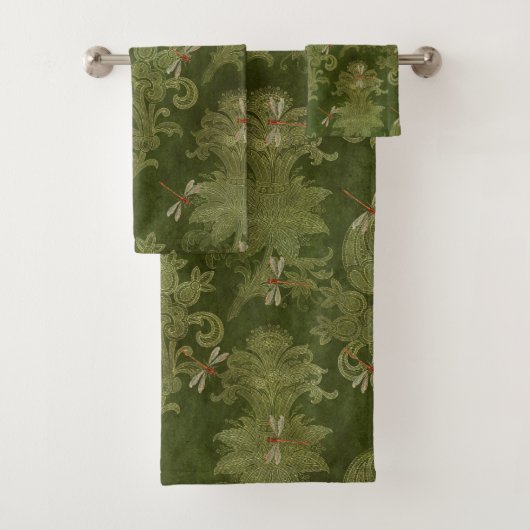  groene Damask Floral Oranje libellen Bad Handdoek (Insitu)