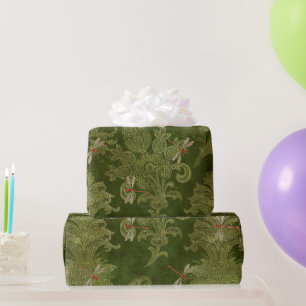  groene Damask Floral Oranje libellen Cadeaupapier