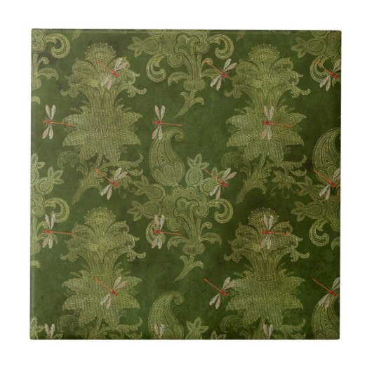  groene Damask Floral Oranje libellen Tegeltje (Voorkant)