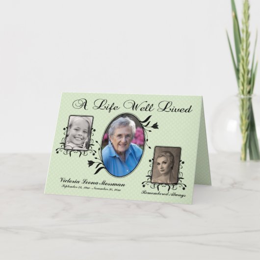 Groene Damask Memorial Kaart met Multi Foto's (Voorkant)