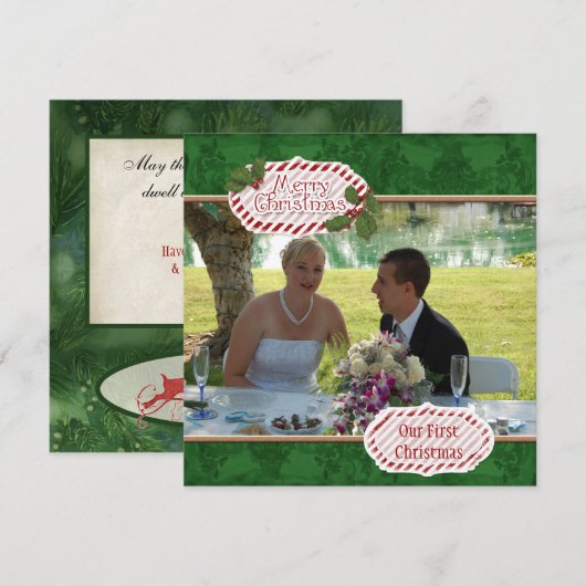 Groene Damask n Holly Foto Kerst Kaart (Voorkant / Achterkant)