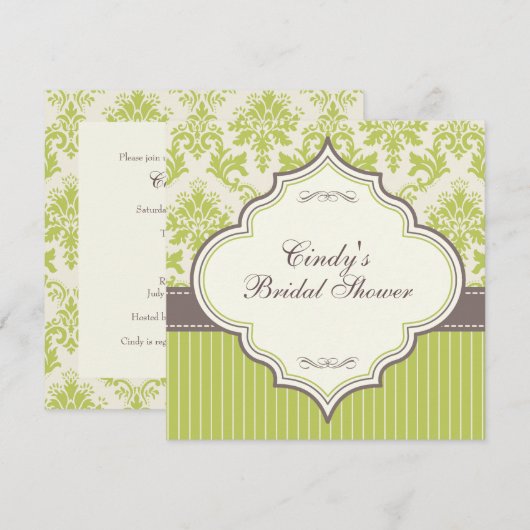 Groene Damask & Stripe Bridal Shower Invitation Kaart (Voorkant / Achterkant)