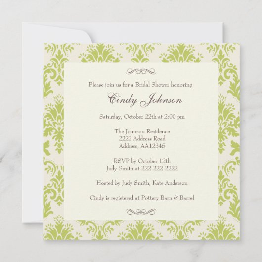 Groene Damask & Stripe Bridal Shower Invitation Kaart (Achterkant)