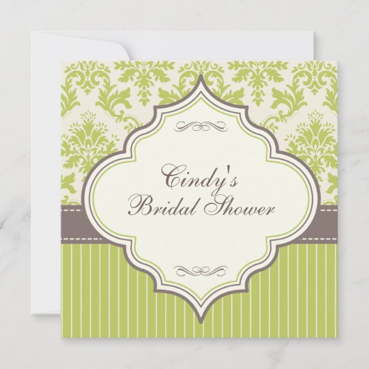 Groene Damask & Stripe Bridal Shower Invitation Kaart (Voorkant)