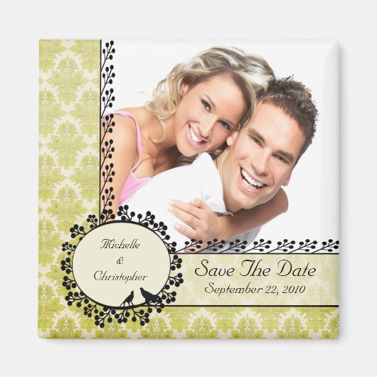Groene Damask Tortelduifjes Foto Opslaan De Datumm Magneet (Voorkant)