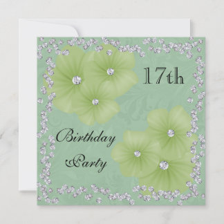 Groene Damast & Bloemen 17e Verjaardag Kaart