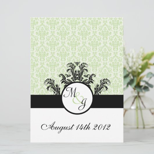 Groene Damast Bruiloft Kaart (Staand voorkant)