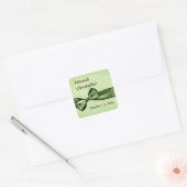 Groene Damast en Faux Satijn Bow Bruiloft Vierkante Sticker (Envelop)