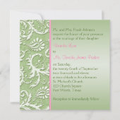 Groene Damast met Roze Huwelijksuitnodiging Kaart (Voorkant)