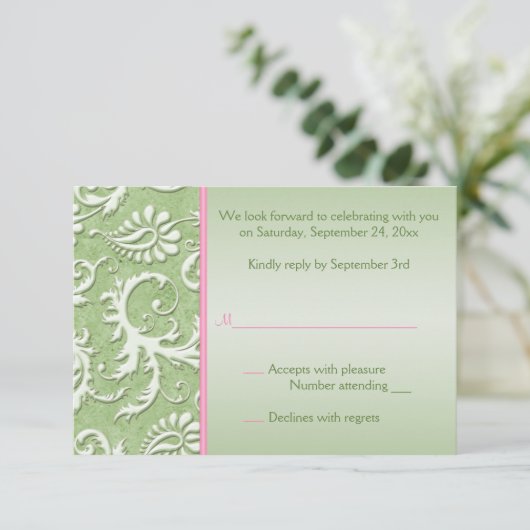 Groene Damast met Roze Reply Kaart (Staand voorkant)