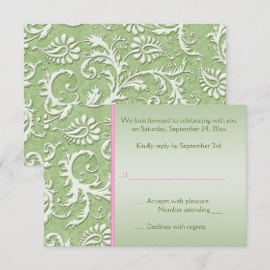 Groene Damast met Roze Reply Kaart (Voorkant / Achterkant)