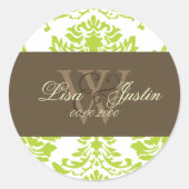 Groene Damast monogram bruiloft stickers (Voorkant)
