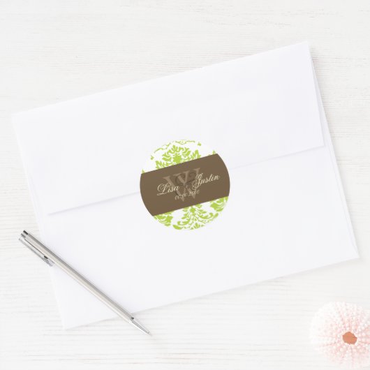 Groene Damast monogram bruiloft stickers (Envelop)