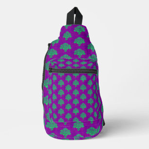 Groene damastpatroon op paars sling bag