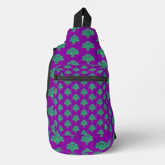 Groene damastpatroon op paars sling bag (Voorkant)