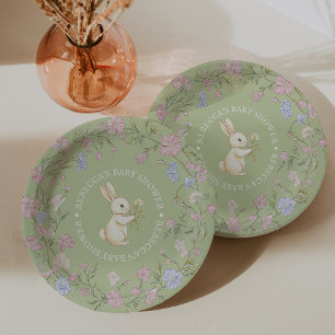 Groene Delicate Vintage Bloem Konijn Baby Shower Papieren Bordje