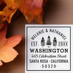 Groene dennen bomen rustieke bruiloft retour adres  zelfinktende stempel