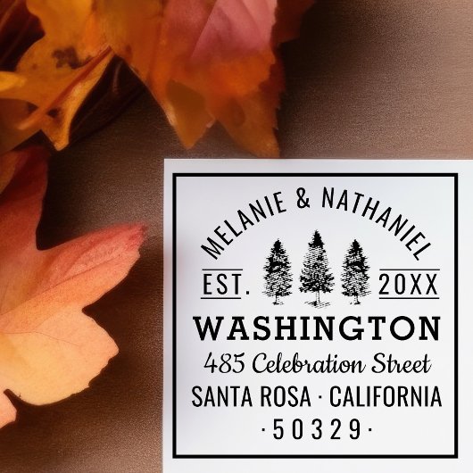 Groene dennen bomen rustieke bruiloft retour adres  zelfinktende stempel