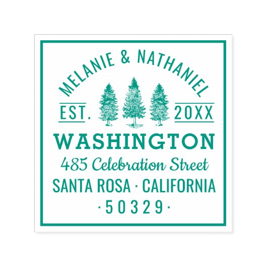 Groene dennen bomen rustieke bruiloft retour adres  zelfinktende stempel (Design)