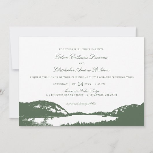 Groene dennen en bergmeer | Bruiloft Kaart (Voorkant)