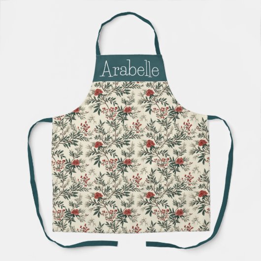 Groene dennen en rode bessen feestelijke keuken schort (Voorkant)