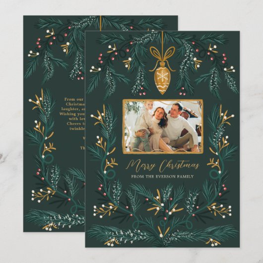 Groene dennen illustratie goud Foto Vrolijk Kerstf Feestdagenkaart (Voorkant / Achterkant)