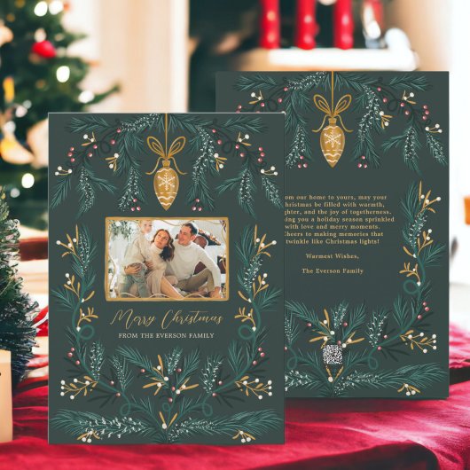 Groene dennen illustratie goud Foto Vrolijk Kerstf Feestdagenkaart