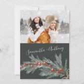 Groene dennen Kerstwinter foto bruiloft Kaart (Achterkant)