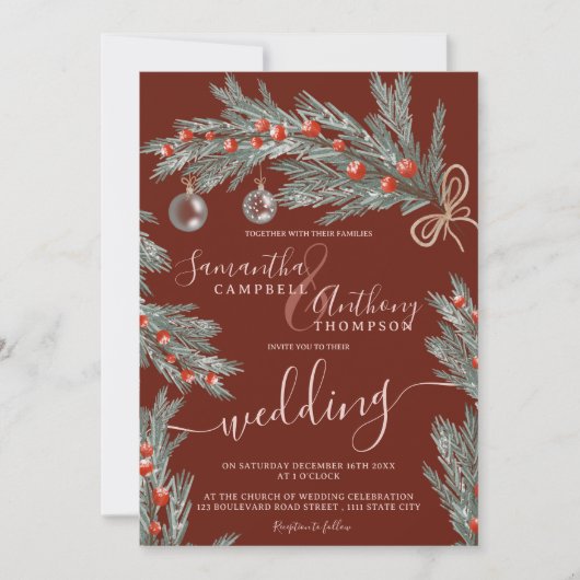 Groene dennen Kerstwinter foto bruiloft Kaart (Voorkant)