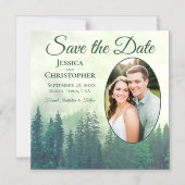 Groene dennen rustieke ovale foto bruiloft Save th Magnetische Uitnodiging (Voorkant)