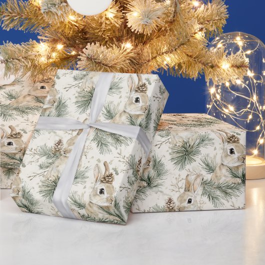 Groene dennenappels konijn kerst cadeaupapier (Feestdagen)