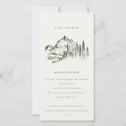 Groene dennenberg schets baby shower uitnodiging (Voorkant)