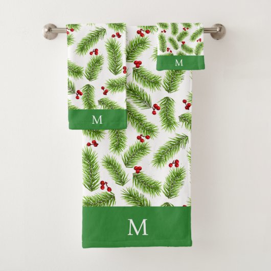Groene dennenbladeren en bessen met monogram bad handdoek (Insitu)