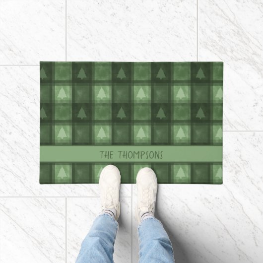 Groene dennenbomen geruit met aangepaste naam Kers Deurmat (Binnen)