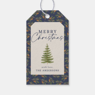 Groene Dennenboom Aquarel Kerst Navyblauw Cadeaulabel