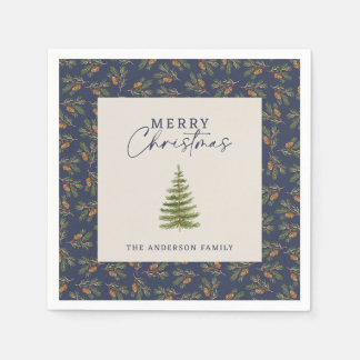 Groene Dennenboom Aquarel Kerstmis Navyblauw Servet