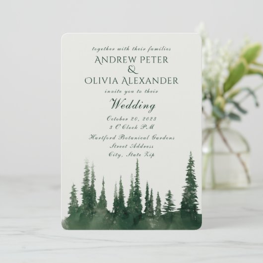 Groene dennenboom Evergreen Bos bruiloft Kaart (Staand voorkant)