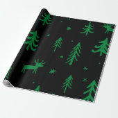 Groene dennenboom zwart kerstpatroon cadeaupapier (Uitgerold)