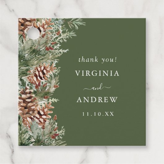 Groene dennenbruiloft bedankjes labels (Voorkant)