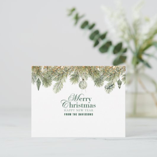 Groene dennentak met kerstversieringen briefkaart (Staand voorkant)