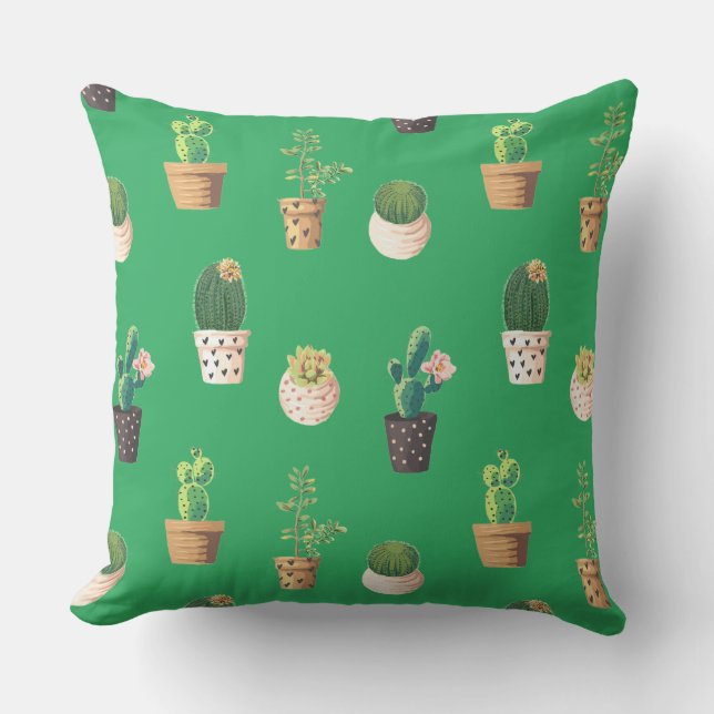 Groene Dessrt Succulent Cactus in Pots Kussen (Voorkant)