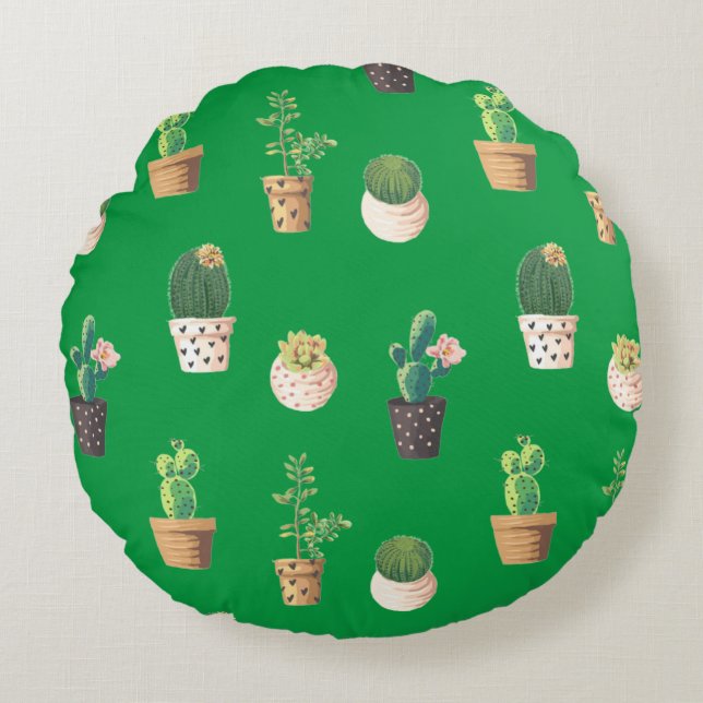 Groene Dessrt Succulent Cactus in Pots Rond Kussen (Voorkant)