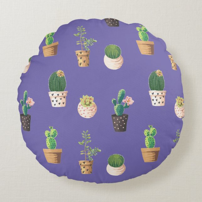 Groene Dessrt Succulent Cactus in Pots Rond Kussen (Voorkant)